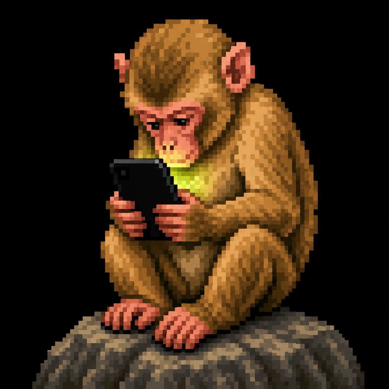 a pixel-art ape hunched over a phone